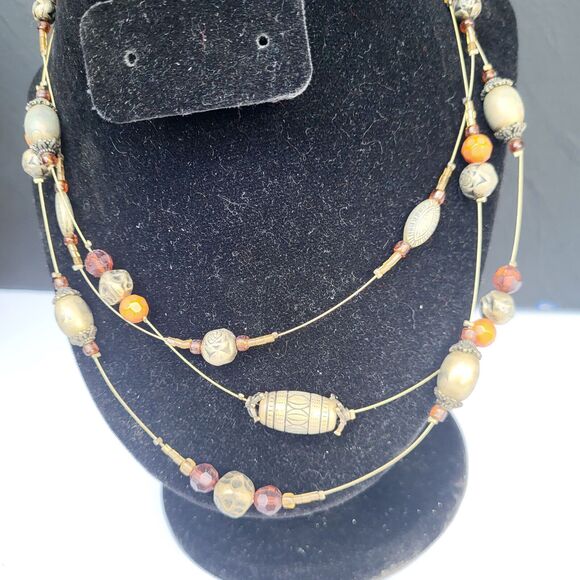 Earthy Triple Strand Floating Station Bohemian Brass Rust & Garnet Necklace 17" - Picture 12 of 14